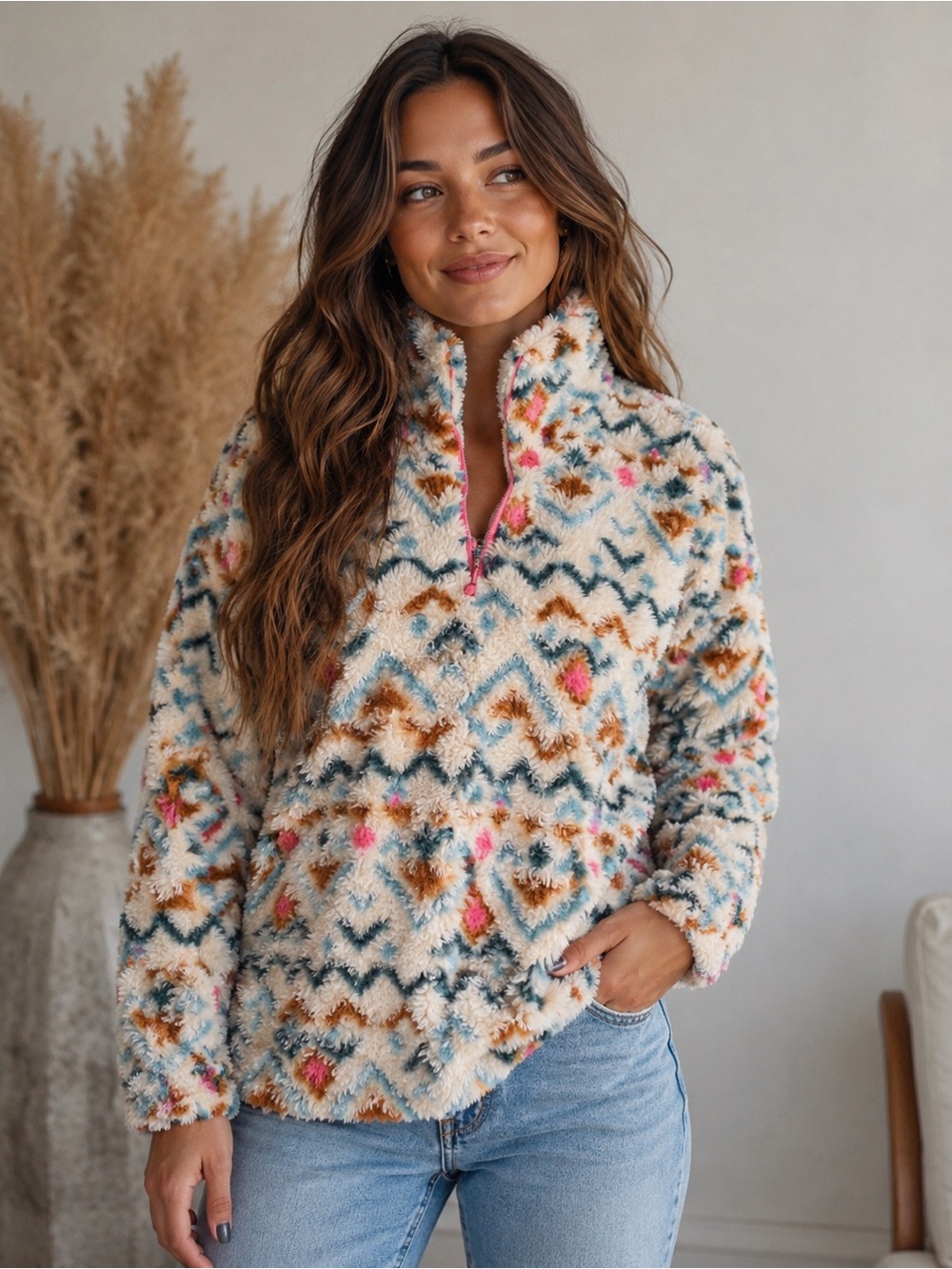 Eddie Bauer Sherpa Fleece Pullover Aztec Print Size L